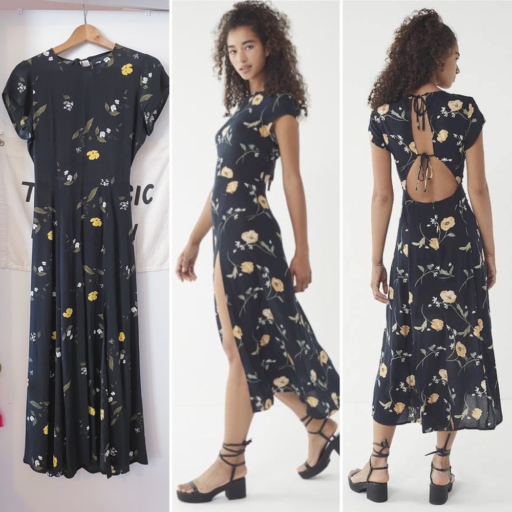 Floral Backless Cap Sleeve Midi Dress with Slit